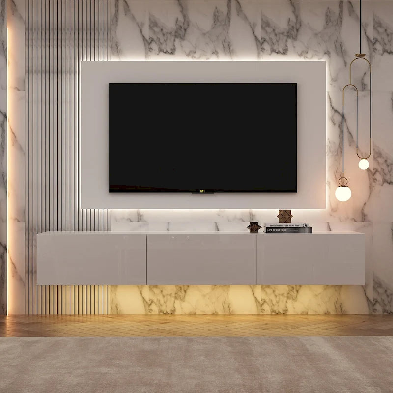 Mobile TV galleggiante a parete con luci LED, bianco e nero, adatto a TV fino a 75", montaggio con 1 persona
