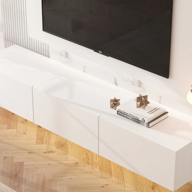 Mobile TV galleggiante a parete con luci LED, bianco e nero, adatto a TV fino a 75", montaggio con 1 persona