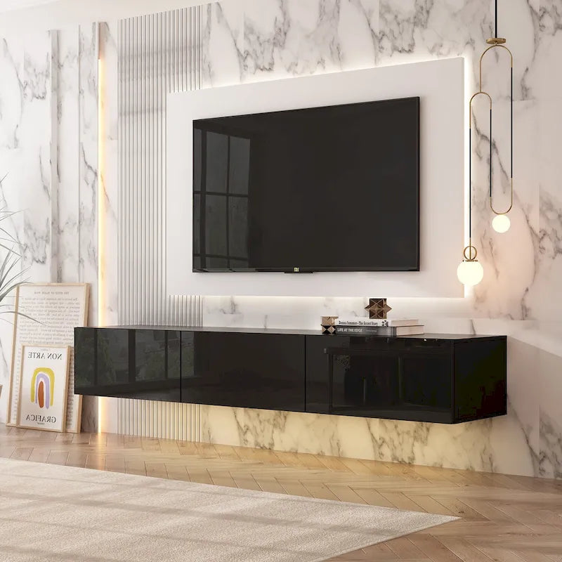 Mobile TV galleggiante a parete con luci LED, bianco e nero, adatto a TV fino a 75", montaggio con 1 persona
