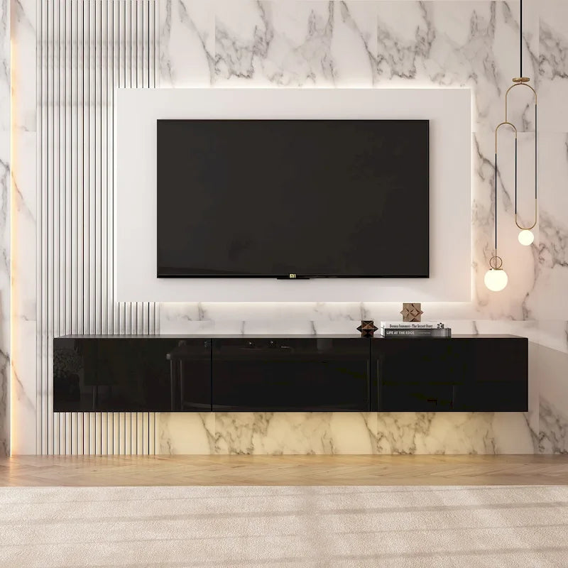 Mobile TV galleggiante a parete con luci LED, bianco e nero, adatto a TV fino a 75", montaggio con 1 persona