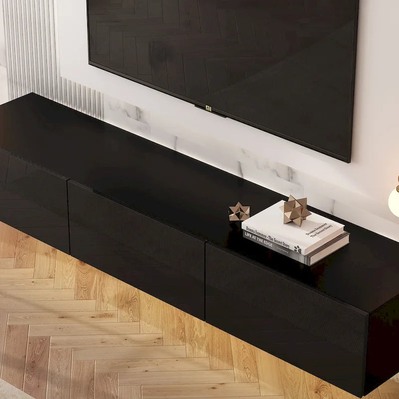 Mobile TV galleggiante a parete con luci LED, bianco e nero, adatto a TV fino a 75", montaggio con 1 persona