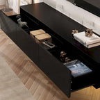 Mobile TV galleggiante a parete con luci LED, bianco e nero, adatto a TV fino a 75", montaggio con 1 persona
