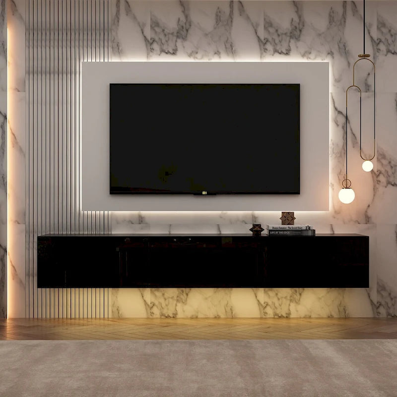 Mobile TV galleggiante a parete con luci LED, bianco e nero, adatto a TV fino a 75", montaggio con 1 persona