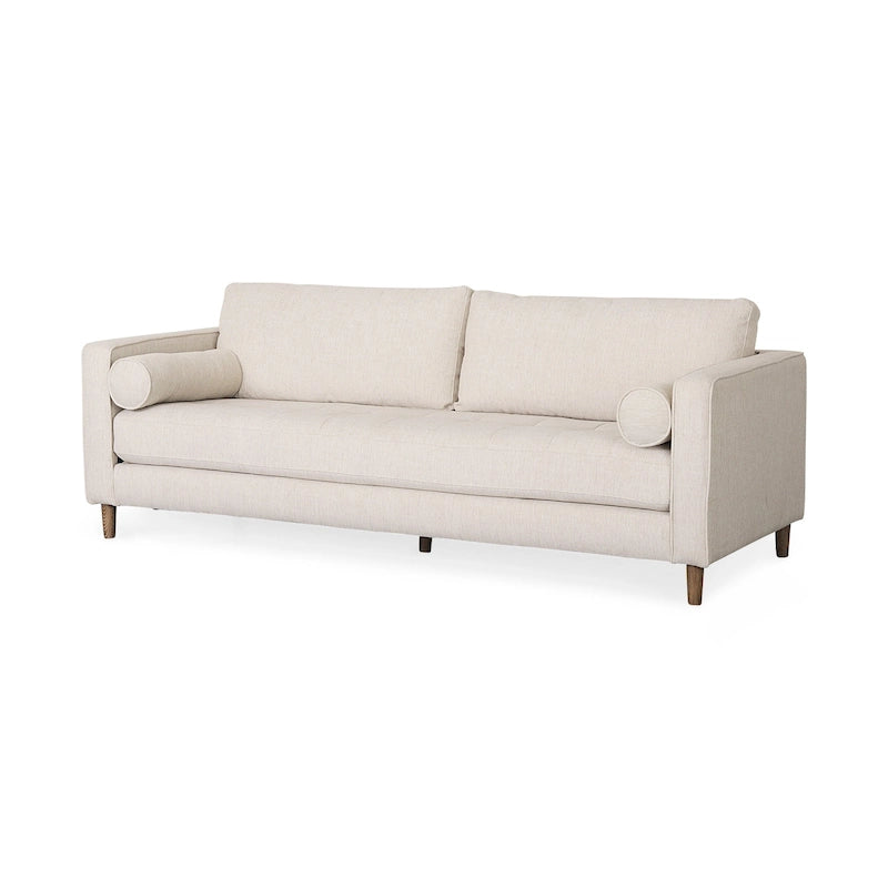 Cream Fabric 3-Seater Sofa with Bolster Pillows and Wood Legs