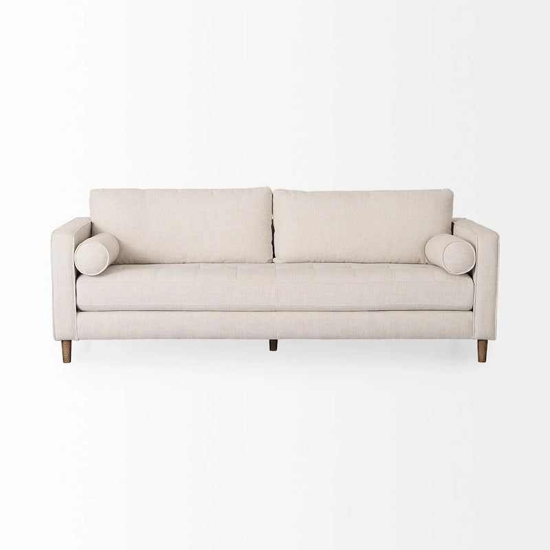 Cream Fabric 3-Seater Sofa with Bolster Pillows and Wood Legs