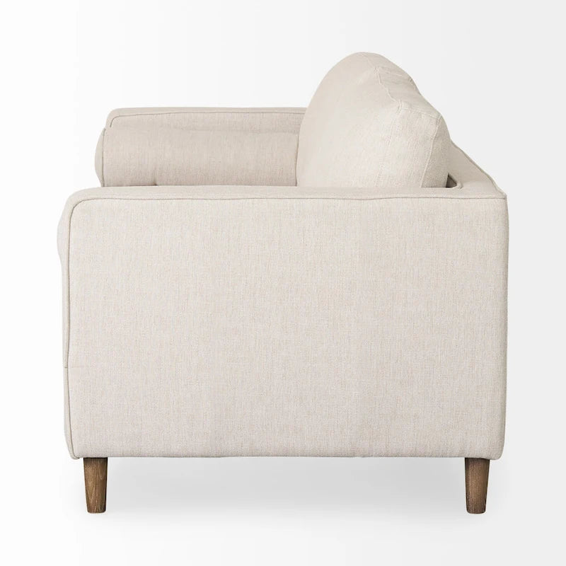 Cream Fabric 3-Seater Sofa with Bolster Pillows and Wood Legs