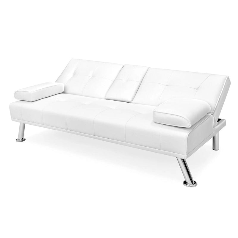 Divano letto futon convertibile in similpelle bianca, 2 posti, con 2 portabicchieri