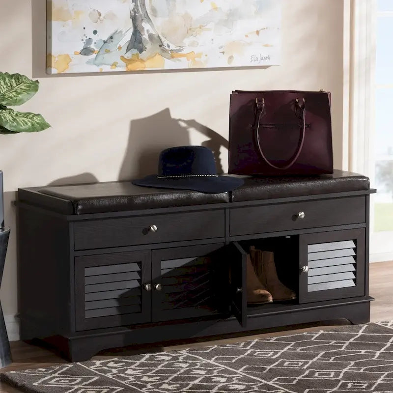 Dark Brown Faux Leather Cushioned Shoe Storage Bench, 2-Person Seat, 4-Door
