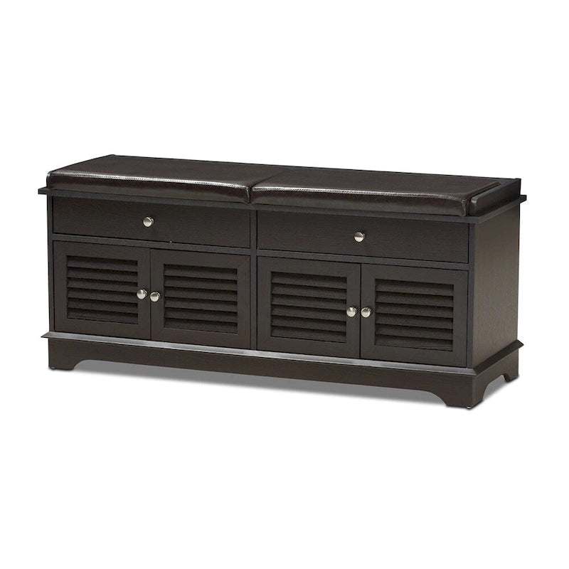 Dark Brown Faux Leather Cushioned Shoe Storage Bench, 2-Person Seat, 4-Door