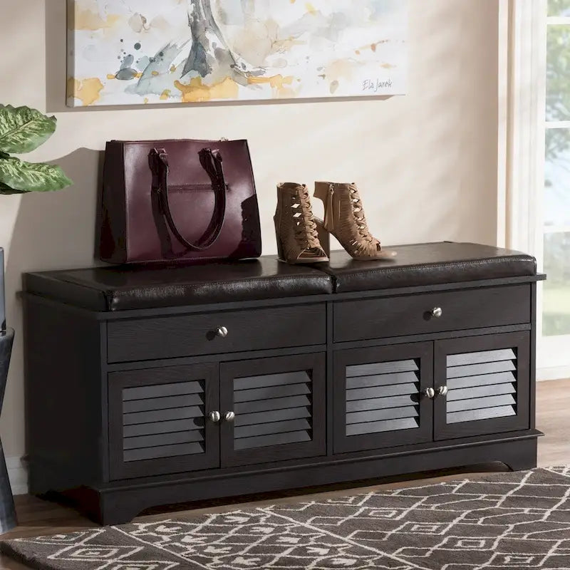 Dark Brown Faux Leather Cushioned Shoe Storage Bench, 2-Person Seat, 4-Door