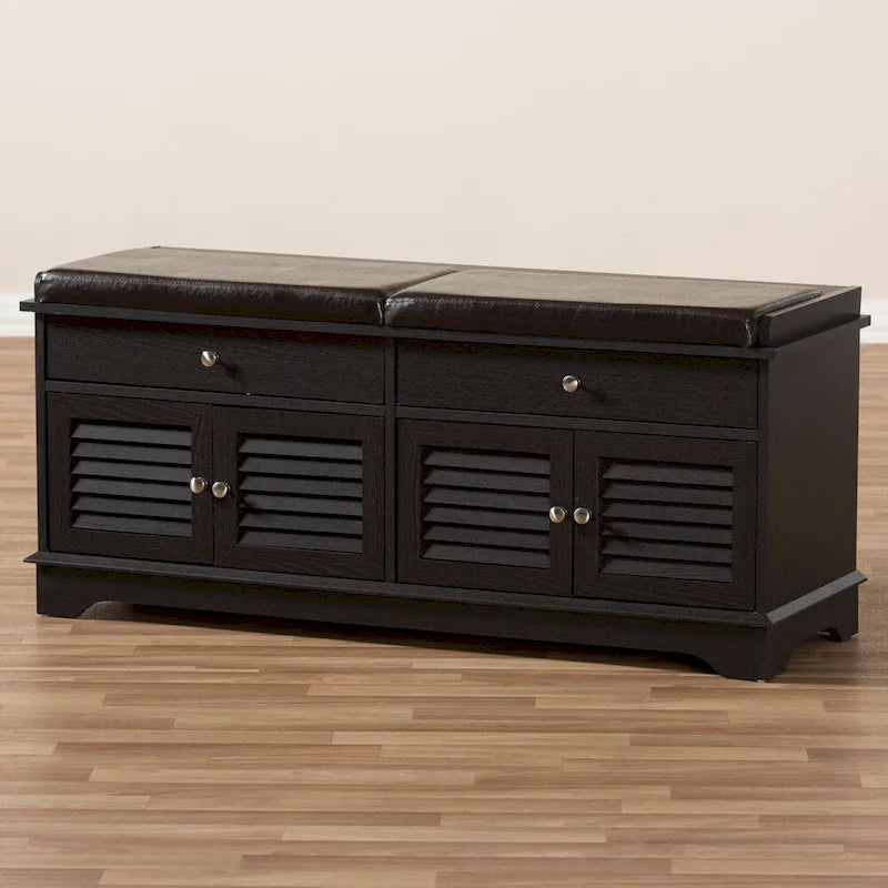 Dark Brown Faux Leather Cushioned Shoe Storage Bench, 2-Person Seat, 4-Door