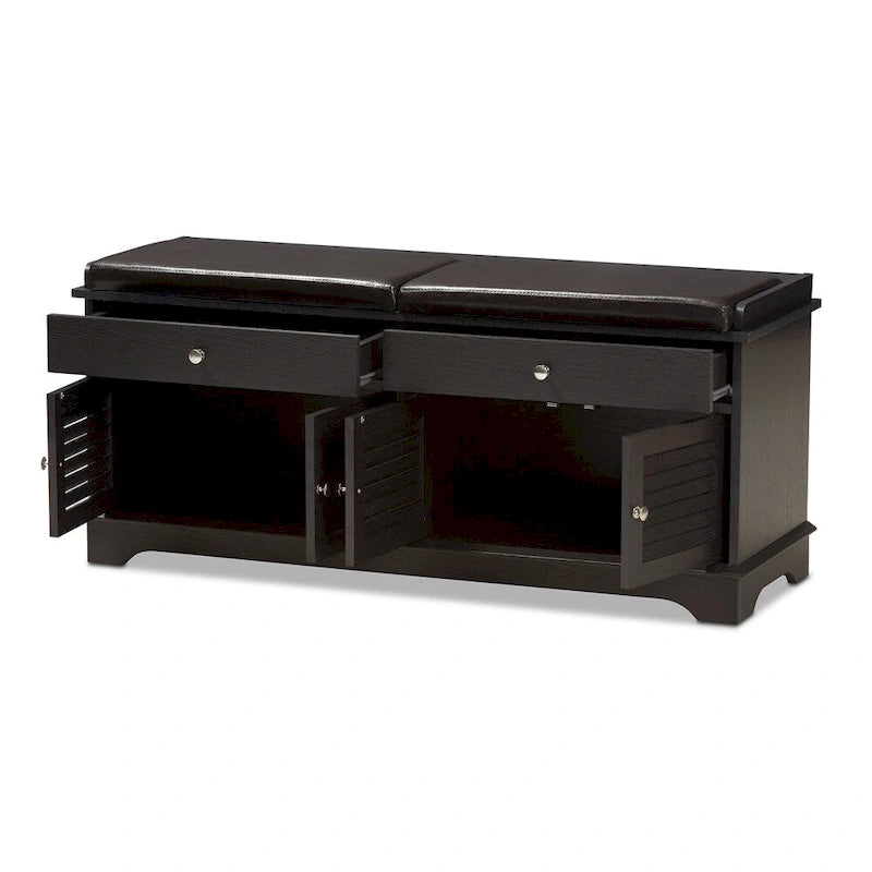 Dark Brown Faux Leather Cushioned Shoe Storage Bench, 2-Person Seat, 4-Door