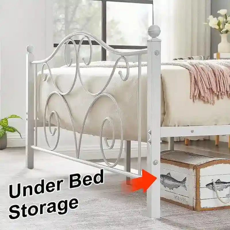 Struttura letto a piattaforma in metallo bianco vittoriano con testiera e pediera – Twin/Full/Queen