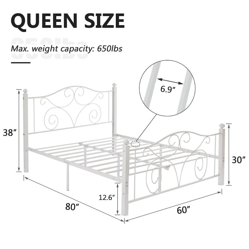 Struttura letto a piattaforma in metallo bianco vittoriano con testiera e pediera – Twin/Full/Queen