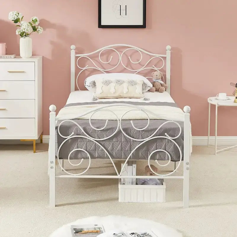 Struttura letto a piattaforma in metallo bianco vittoriano con testiera e pediera – Twin/Full/Queen