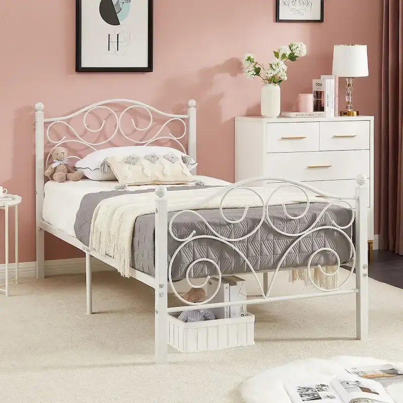 Struttura letto a piattaforma in metallo bianco vittoriano con testiera e pediera – Twin/Full/Queen