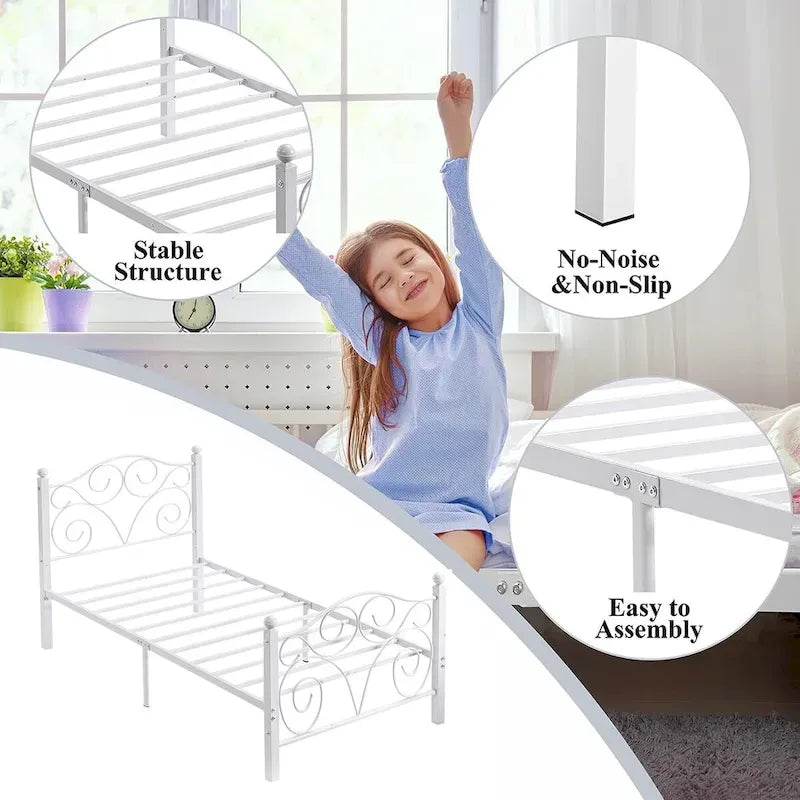 Struttura letto a piattaforma in metallo bianco vittoriano con testiera e pediera – Twin/Full/Queen