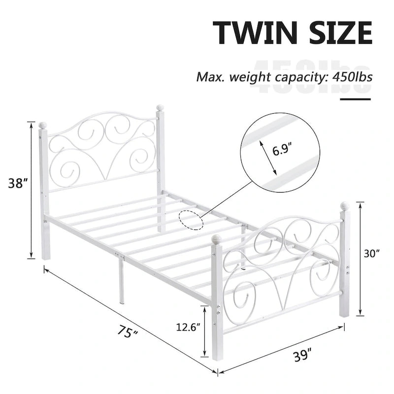 Struttura letto a piattaforma in metallo bianco vittoriano con testiera e pediera – Twin/Full/Queen