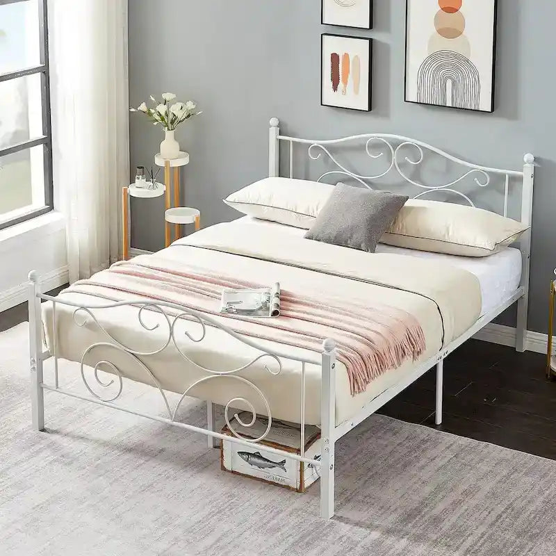 Struttura letto a piattaforma in metallo bianco vittoriano con testiera e pediera – Twin/Full/Queen