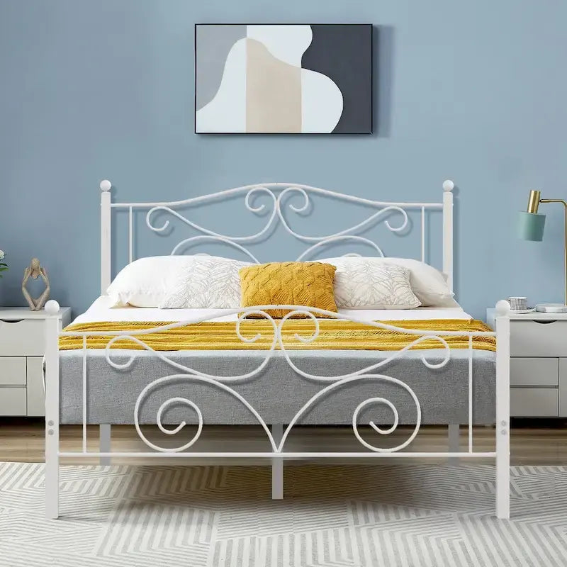 Struttura letto a piattaforma in metallo bianco vittoriano con testiera e pediera – Twin/Full/Queen
