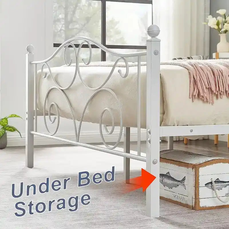 Struttura letto a piattaforma in metallo bianco vittoriano con testiera e pediera – Twin/Full/Queen