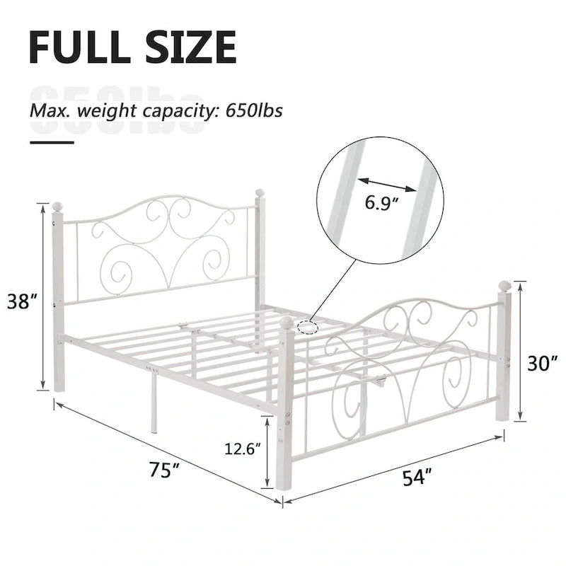 Struttura letto a piattaforma in metallo bianco vittoriano con testiera e pediera – Twin/Full/Queen