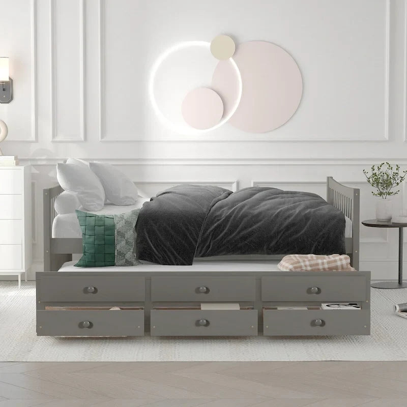 Letto da giorno grigio / bianco con letto estraibile e 3 cassetti – per 2 persone