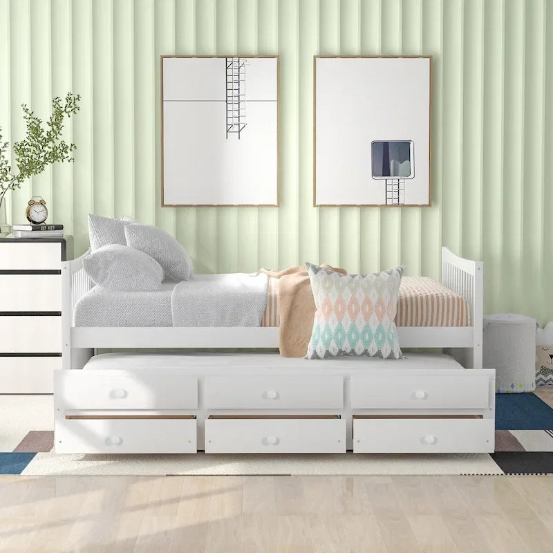 Letto da giorno grigio / bianco con letto estraibile e 3 cassetti – per 2 persone