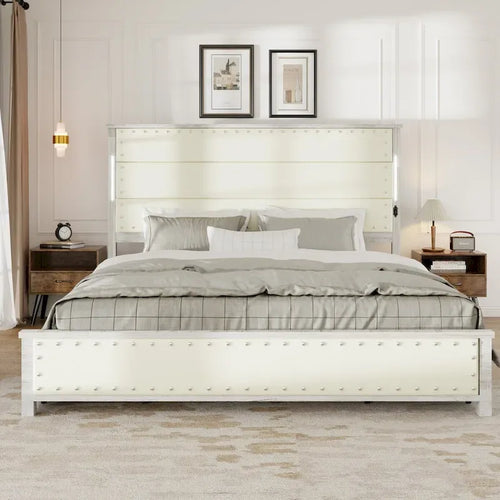 Antique White King Platform Bed, Upholstered Headboard, 4 Drawers, LED & Charging, Sleeps 2