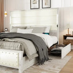 Letto a piattaforma king bianco antico, testiera imbottita, 4 cassetti, LED e ricarica, per 2 persone