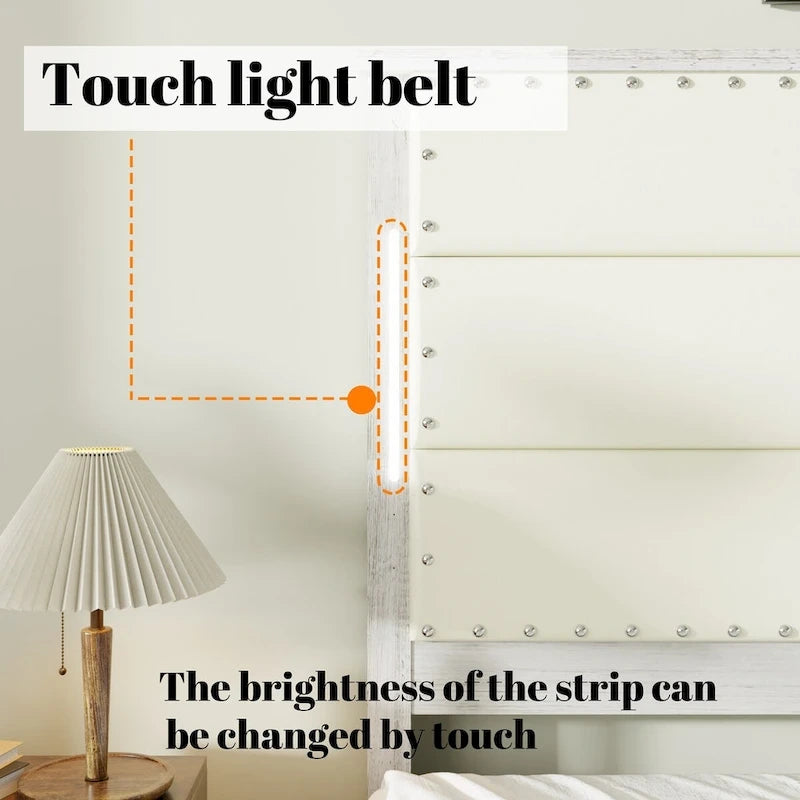 Letto a piattaforma king bianco antico, testiera imbottita, 4 cassetti, LED e ricarica, per 2 persone