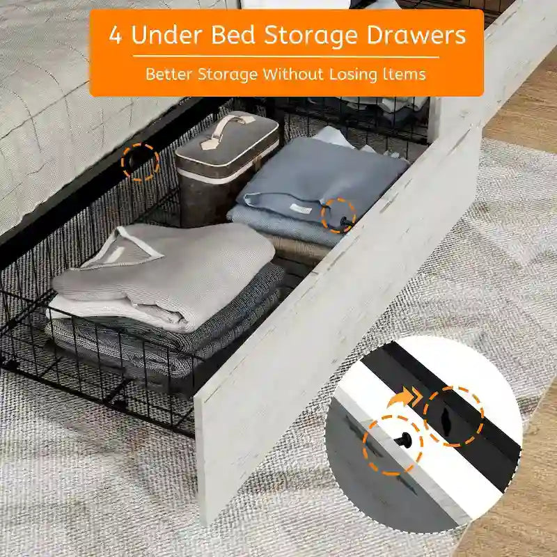 Letto a piattaforma king bianco antico, testiera imbottita, 4 cassetti, LED e ricarica, per 2 persone