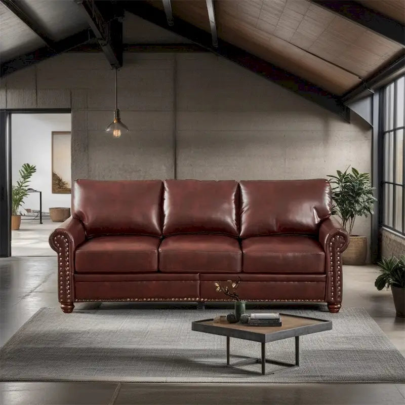 Faux Leather Sofa with Nail Trim, 3-Seater | Burgundy / Black / Taupe