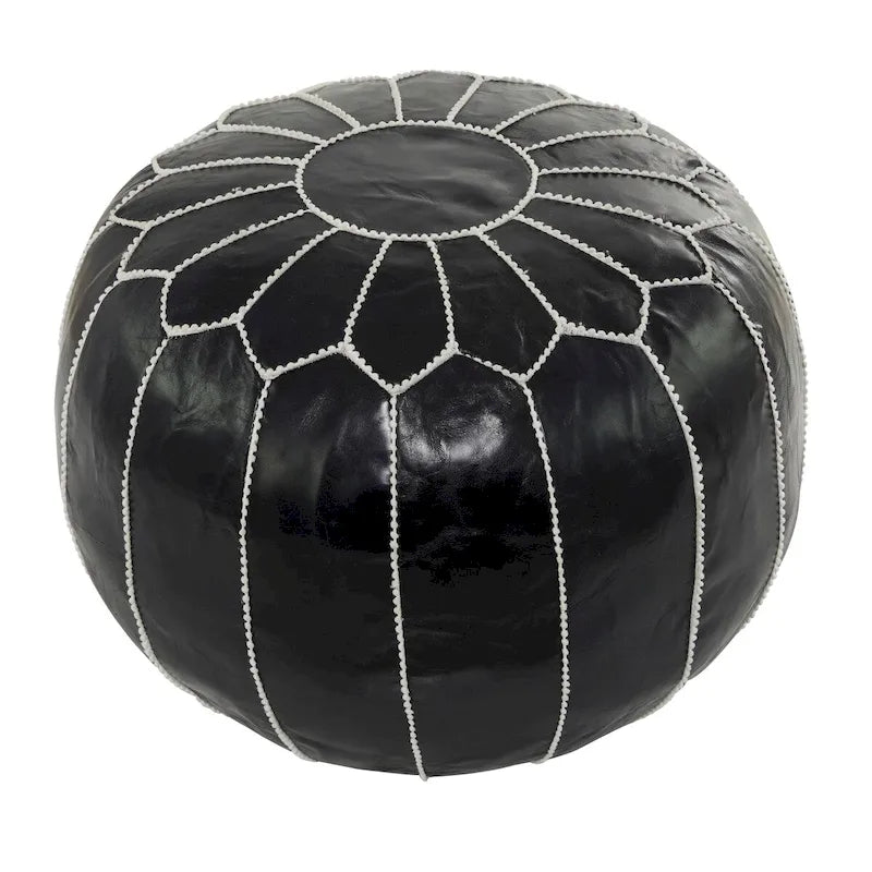Black / Brown Moroccan Round Leather Pouf – Floral Stitching – 1-Person Footstool