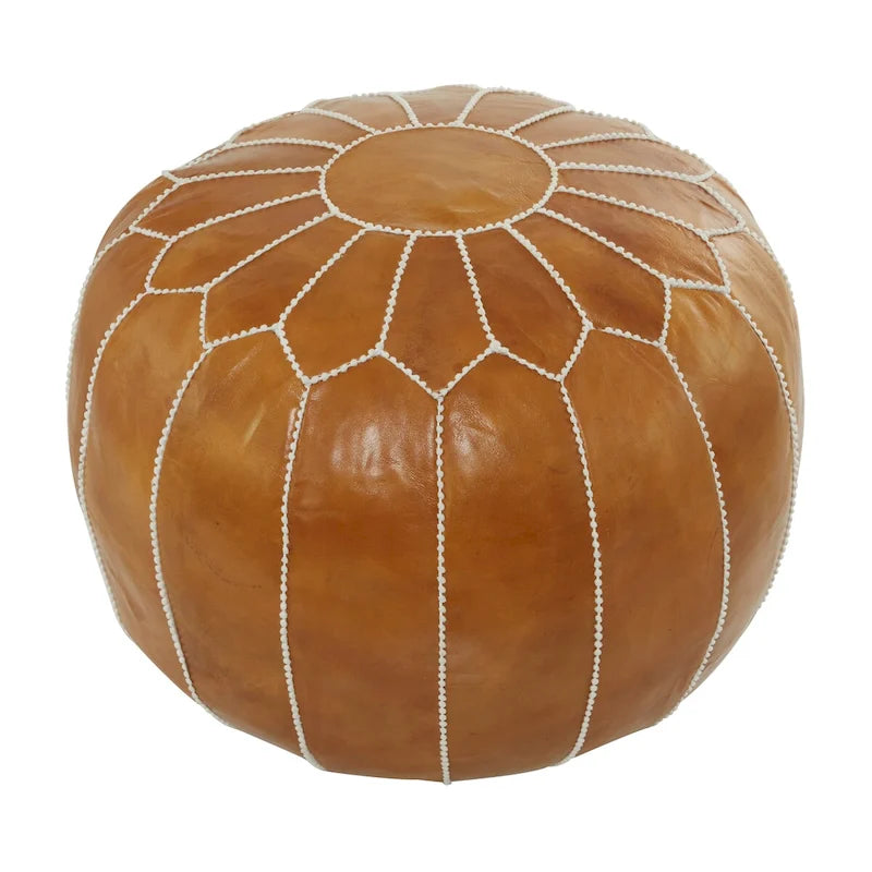 Black / Brown Moroccan Round Leather Pouf – Floral Stitching – 1-Person Footstool