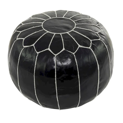 Leather Floral Moroccan Pouf with White Stitching - Black or Light Brown - Roche River Decor
