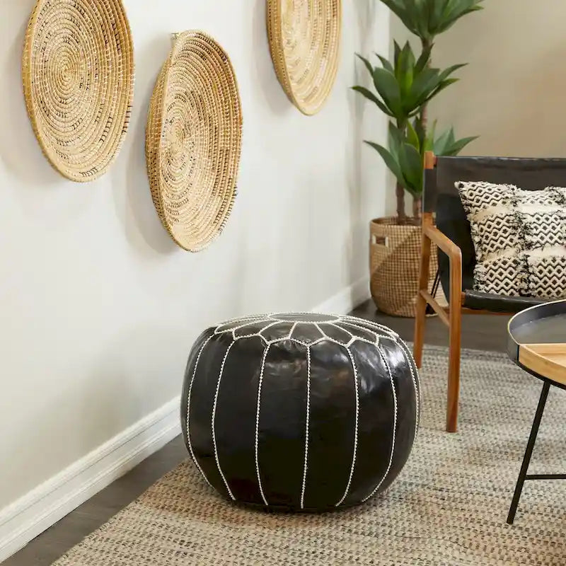 Black / Brown Moroccan Round Leather Pouf – Floral Stitching – 1-Person Footstool