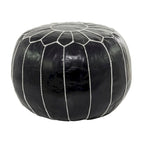 Pouf marocain rond en cuir noir / marron – coutures florales – repose-pieds 1 personne