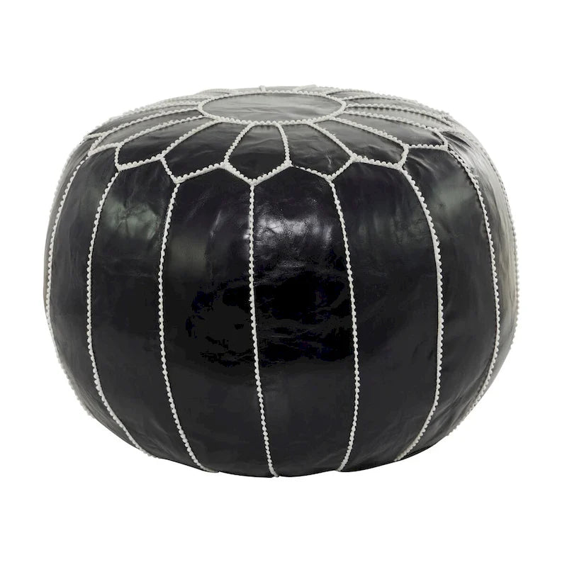 Black / Brown Moroccan Round Leather Pouf – Floral Stitching – 1-Person Footstool