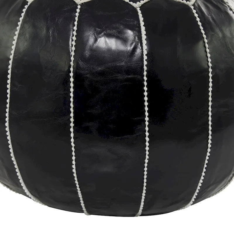 Black / Brown Moroccan Round Leather Pouf – Floral Stitching – 1-Person Footstool
