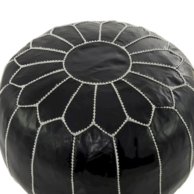 Black / Brown Moroccan Round Leather Pouf – Floral Stitching – 1-Person Footstool