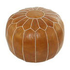 Pouf marocain rond en cuir noir / marron – coutures florales – repose-pieds 1 personne