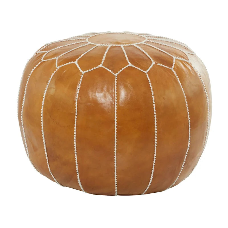 Pouf marocain rond en cuir noir / marron – coutures florales – repose-pieds 1 personne
