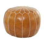 Pouf marocain rond en cuir noir / marron – coutures florales – repose-pieds 1 personne