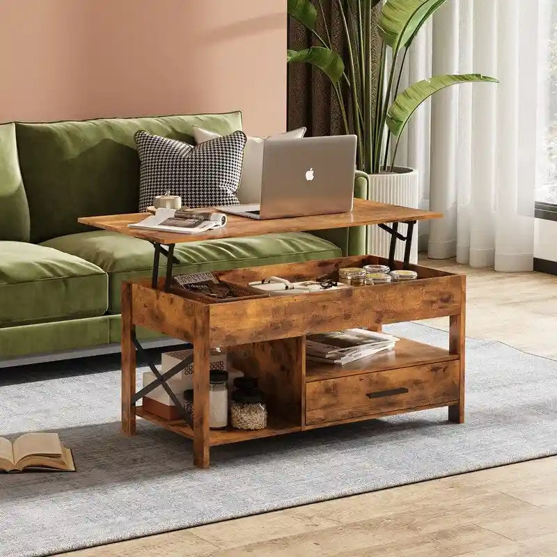 Lift-Top Coffee Table with Storage, Rustic Brown / Greige, Seats 1