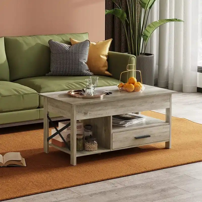 Lift-Top Coffee Table with Storage, Rustic Brown / Greige, Seats 1