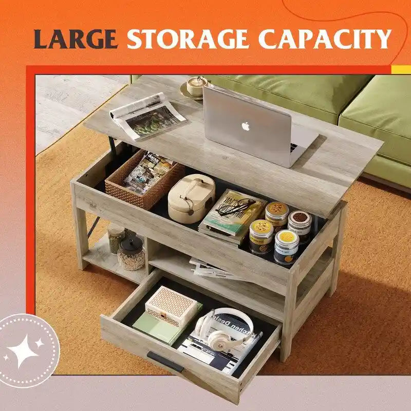 Lift-Top Coffee Table with Storage, Rustic Brown / Greige, Seats 1