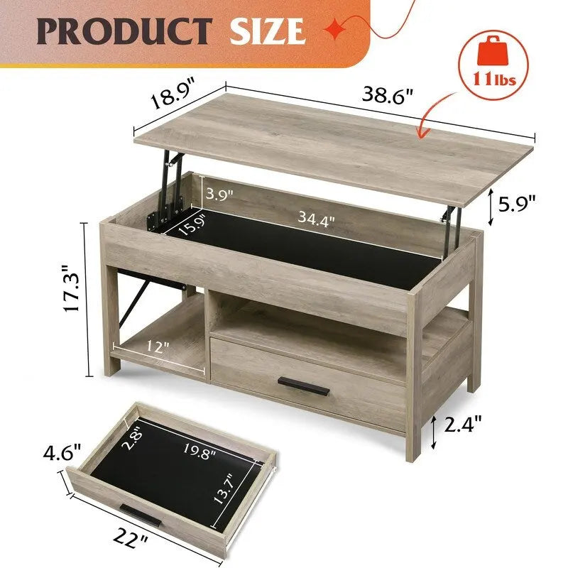 Lift-Top Coffee Table with Storage, Rustic Brown / Greige, Seats 1