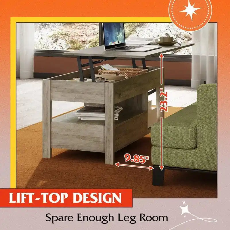 Lift-Top Coffee Table with Storage, Rustic Brown / Greige, Seats 1