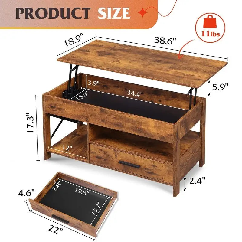 Lift-Top Coffee Table with Storage, Rustic Brown / Greige, Seats 1